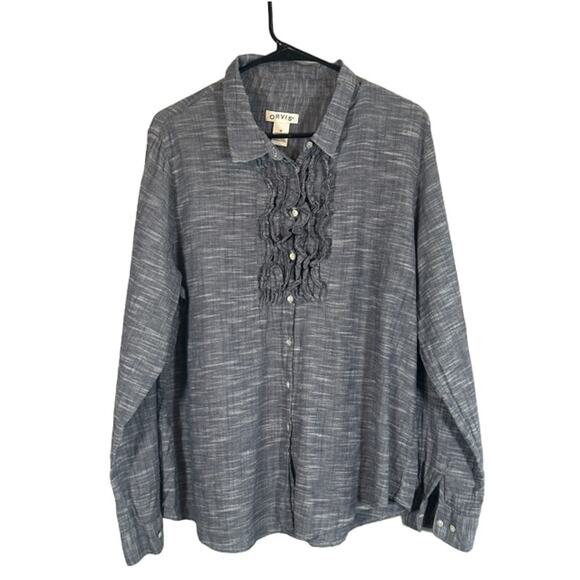 Orvis Blue Long Sleeve Button Down Ruffle Detail Cotton Shirt Women Sz 18 - Picture 1 of 7